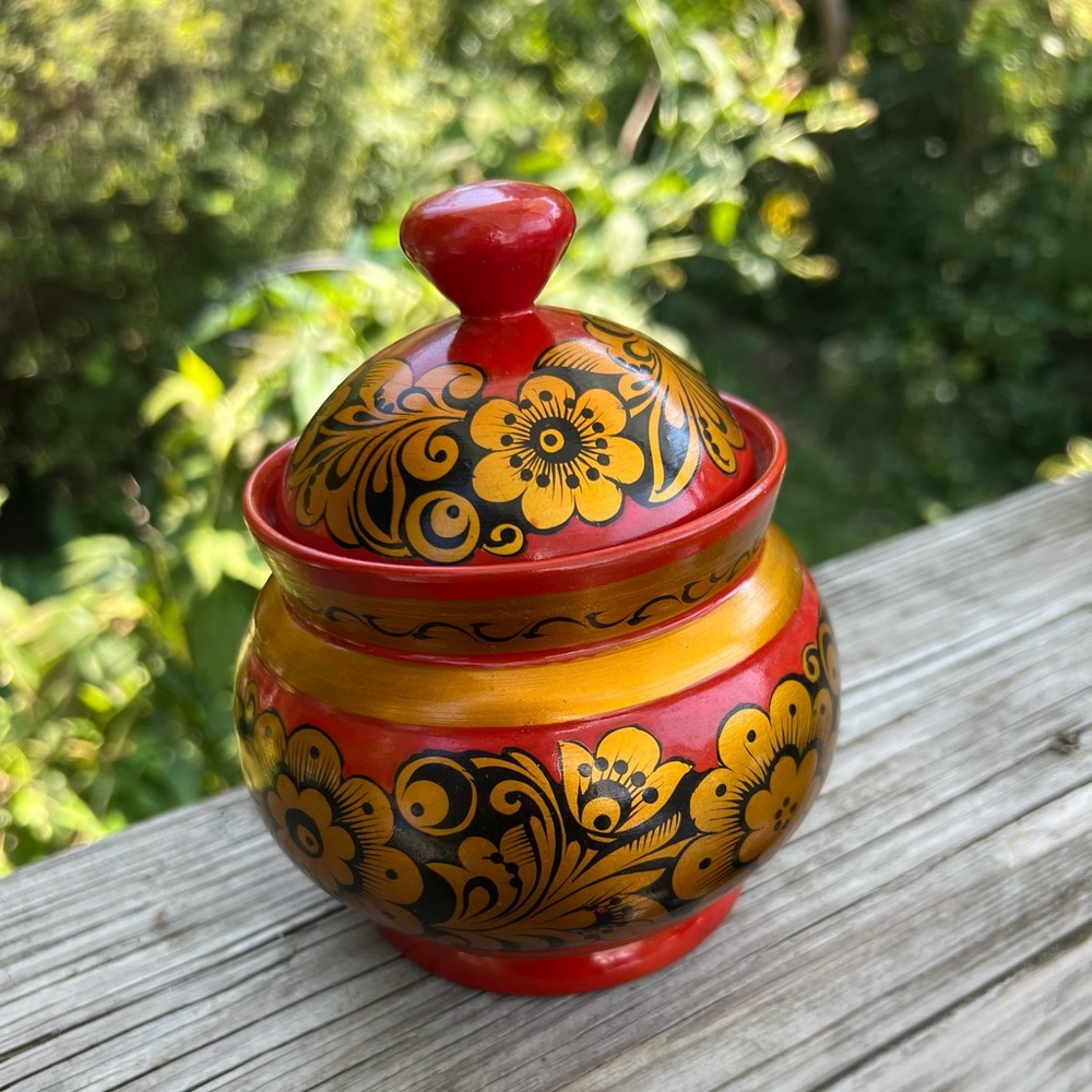 Russian Hand Painted Lacquer Wood Two Piece Knobbed Jar Vintage Paper on Bottom